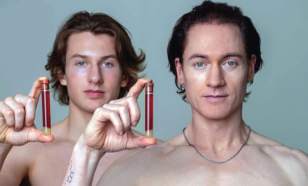 Bryan Johnson and his son (Johnson received a blood transfusion from his son to try to live longer)